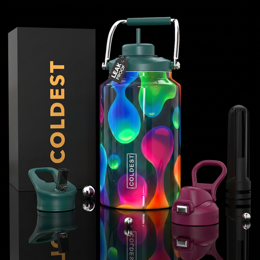 Lava lamp, blues, greens,magenta orange, glossy, g... water bottle design