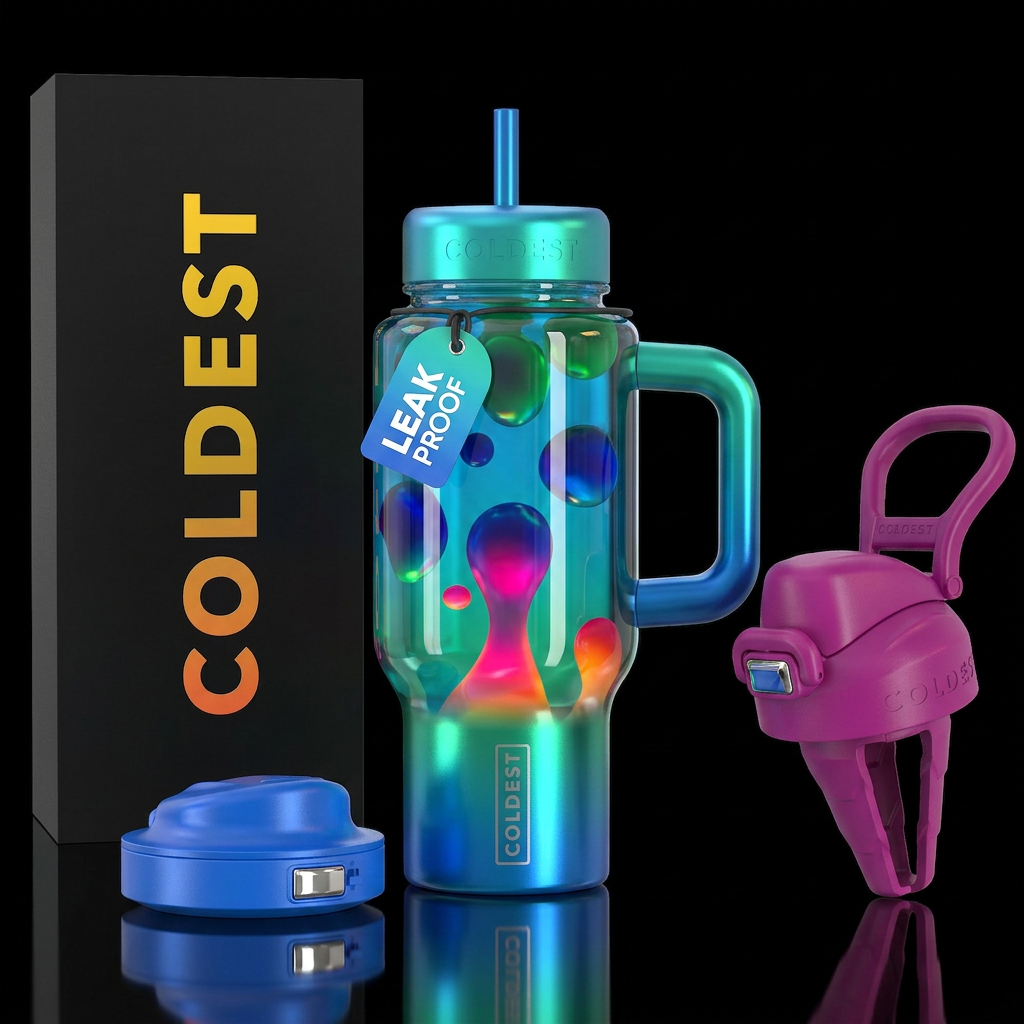 Lava lamp, blues, greens,magenta orange, glossy, g... water bottle design