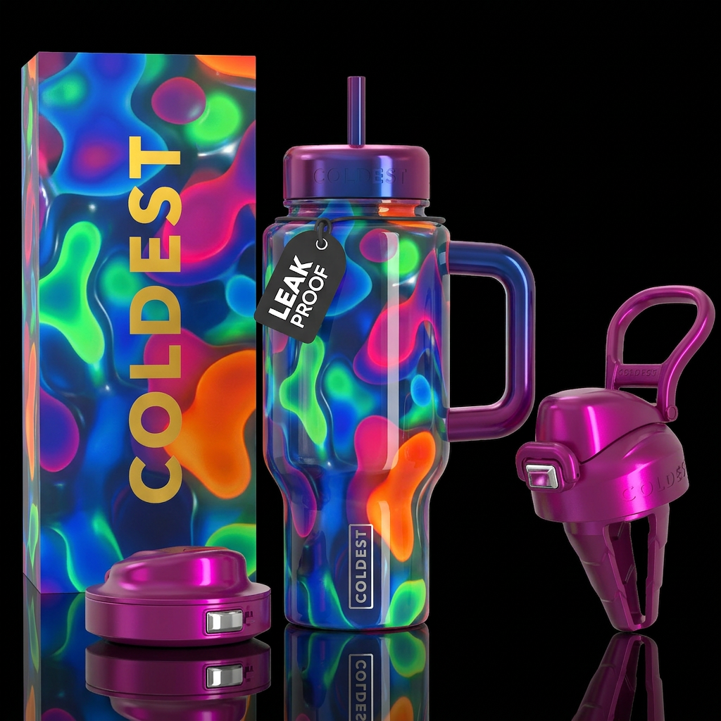 Lava lamp, blues, greens,magenta orange, glossy, g... water bottle design
