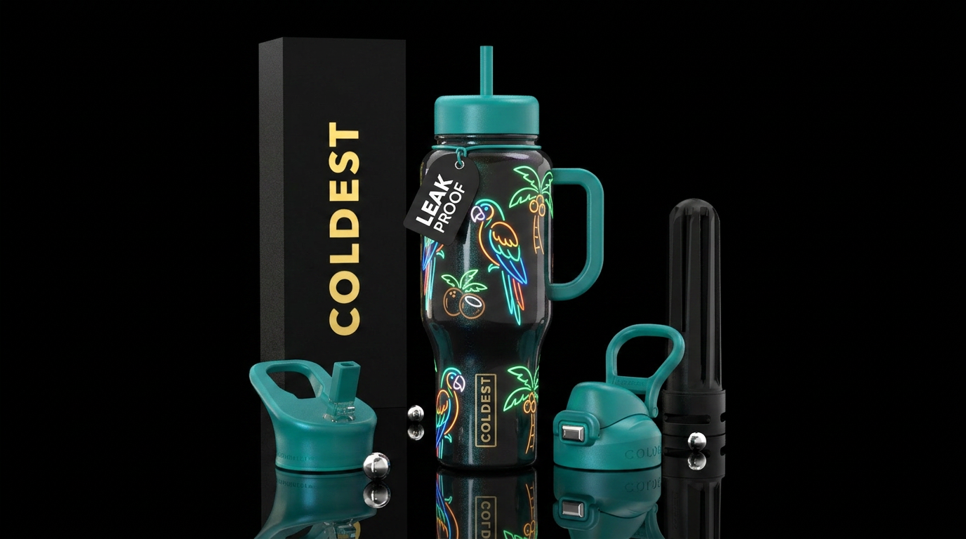 Minimalist, glowie parrot, coconut, glossy water bottle design