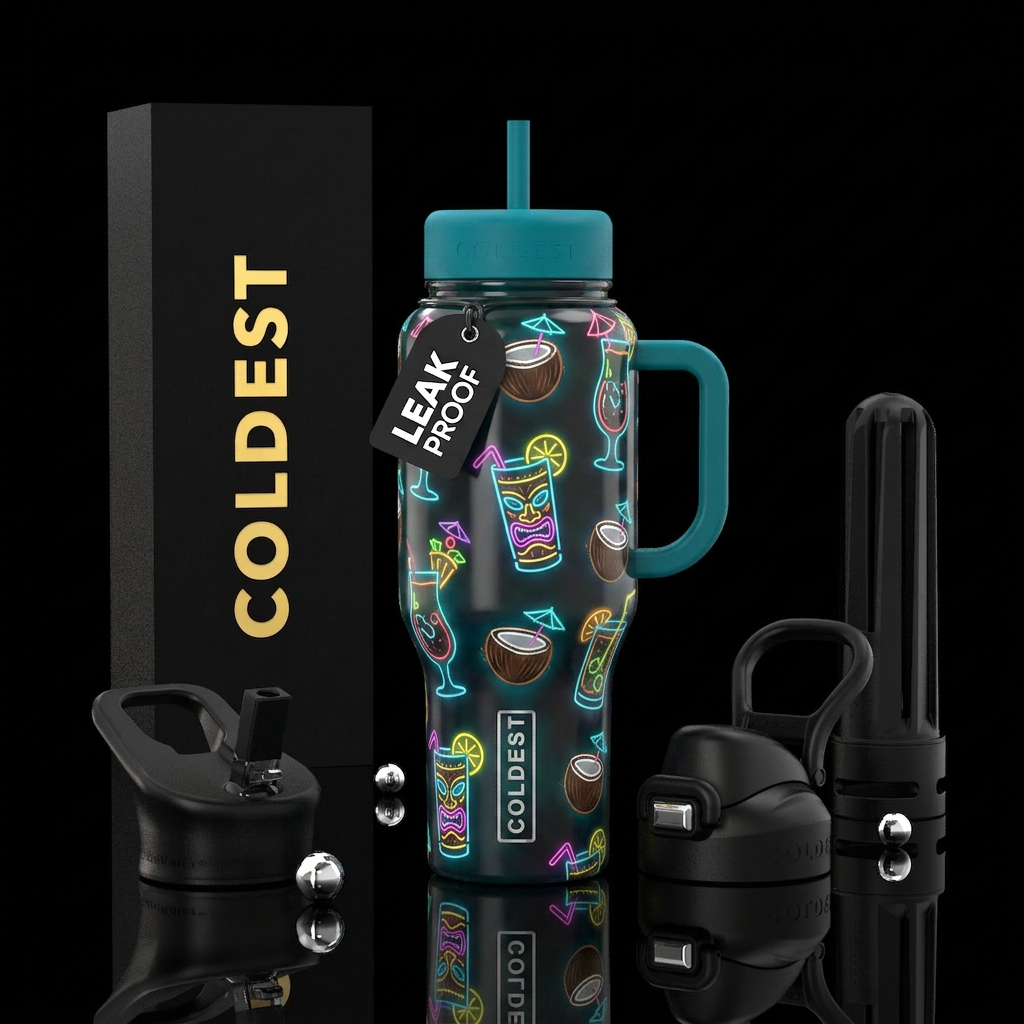 Minimalist, glowie cocktails, coconut, glossy water bottle design