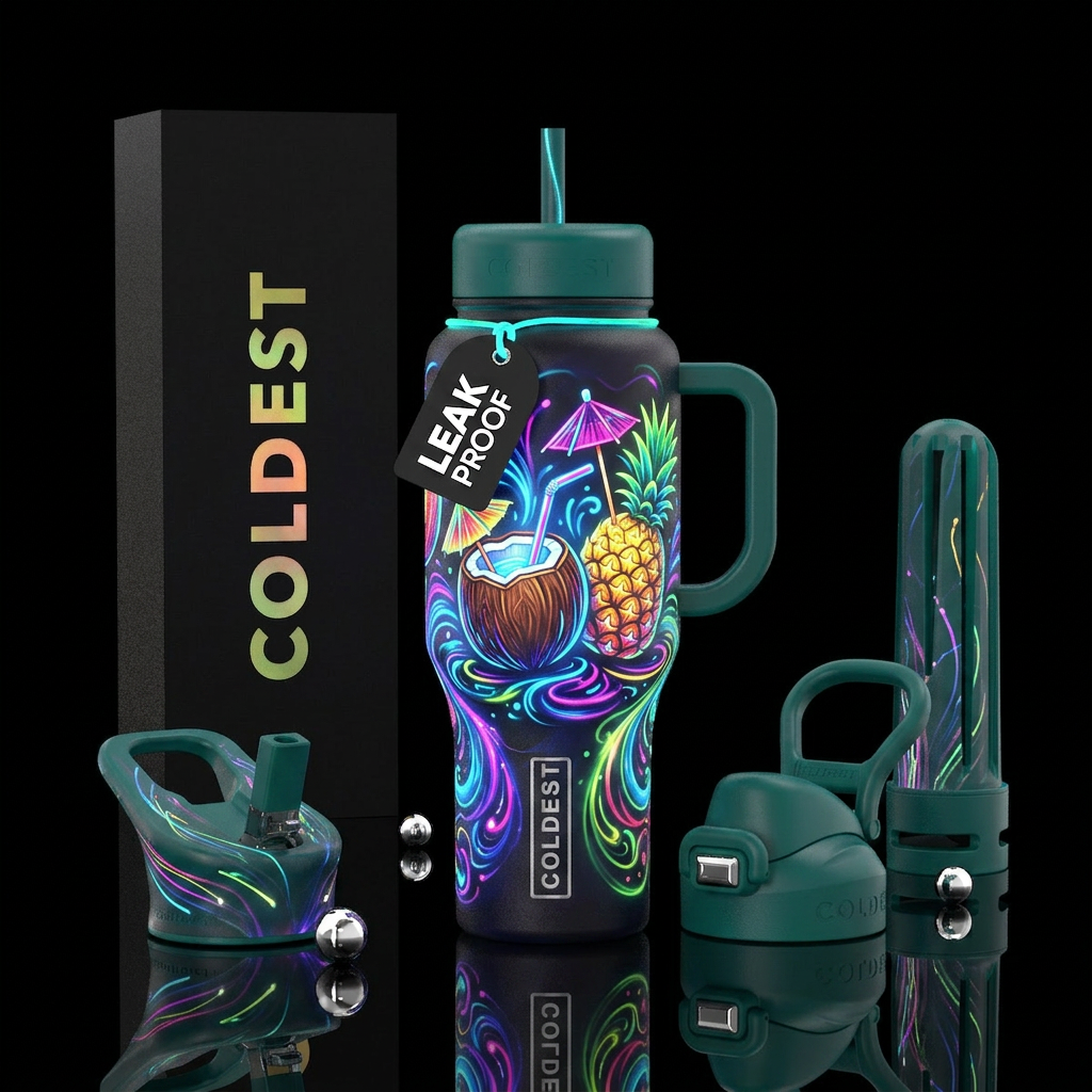 , glowie cocktails, coconut, pineapple with straw,... water bottle design