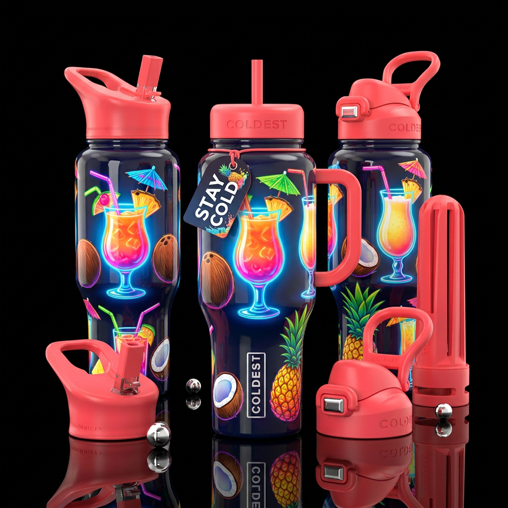 , glowie cocktails, coconut, pineapple with straw,... water bottle design