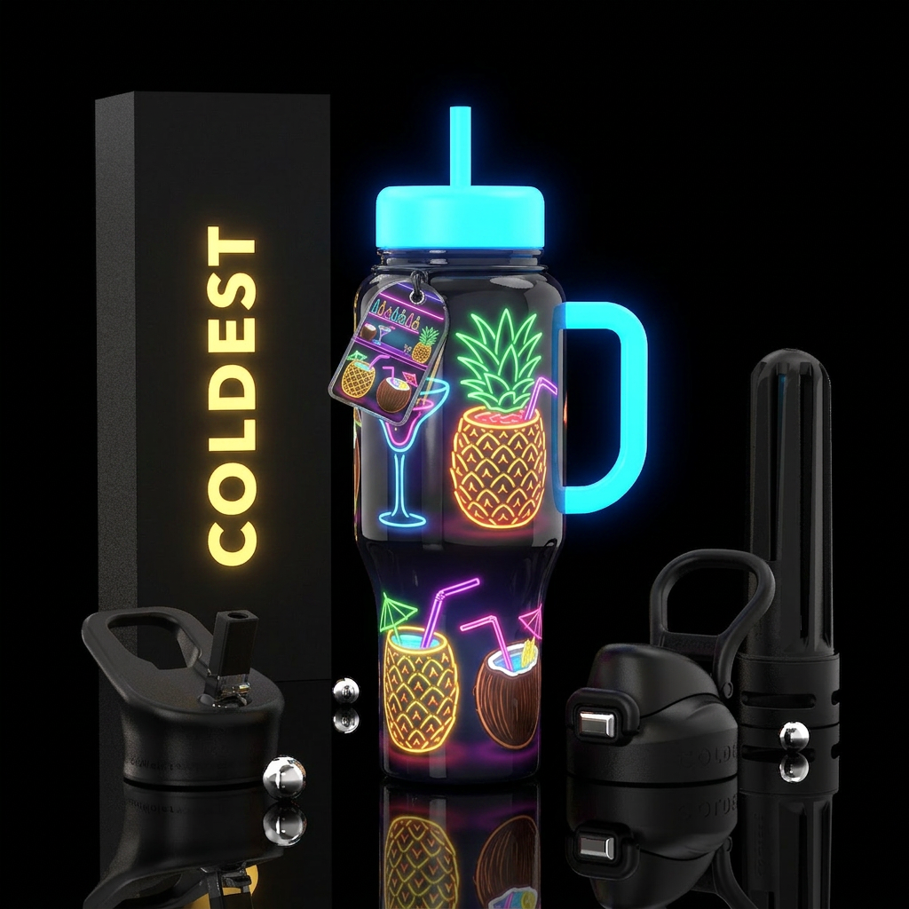 , glowie cocktails, coconut, pineapple with straw,... water bottle design