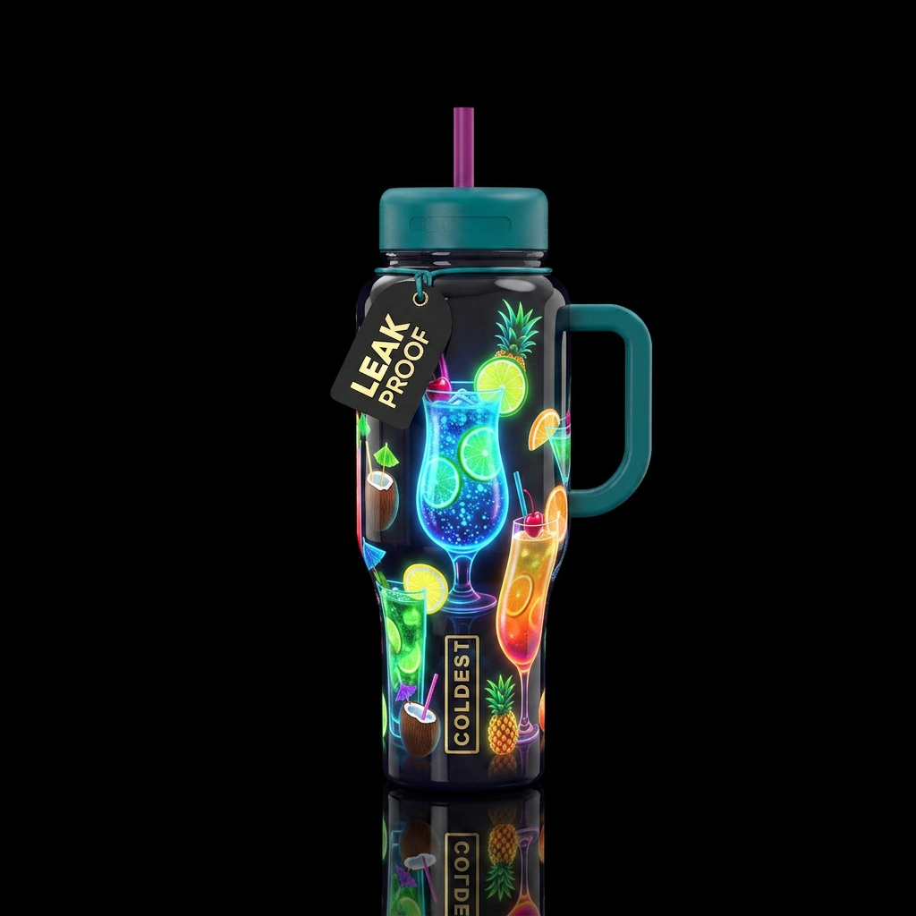 , glowie cocktails,garnished with limes lemons che... water bottle design