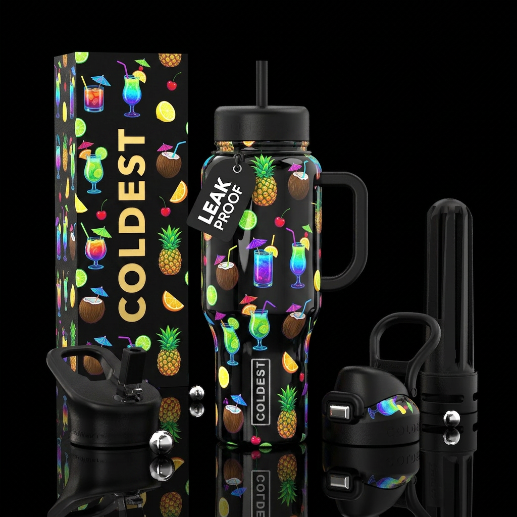, glowie cocktails,umbrellas,garnished with limes ... water bottle design