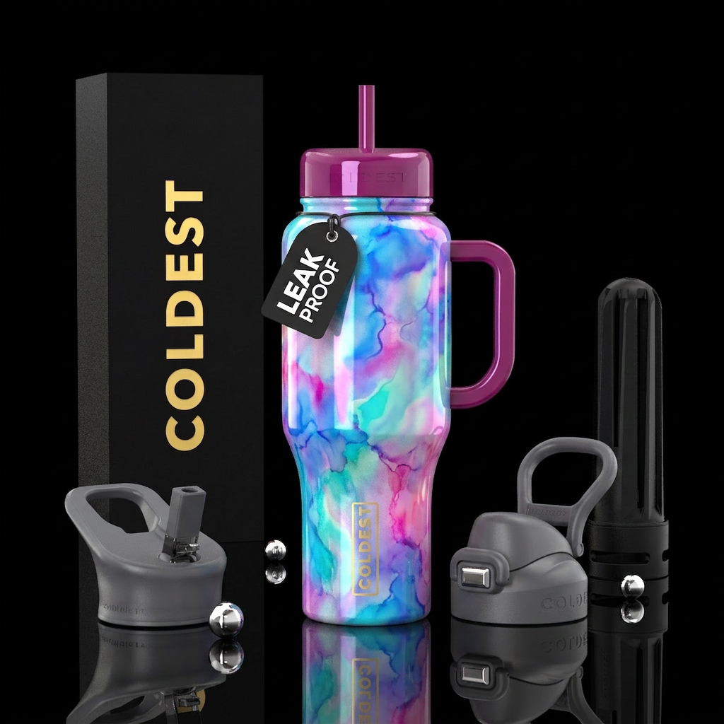 Water color stains, glossy,vivid, opalescent water bottle design