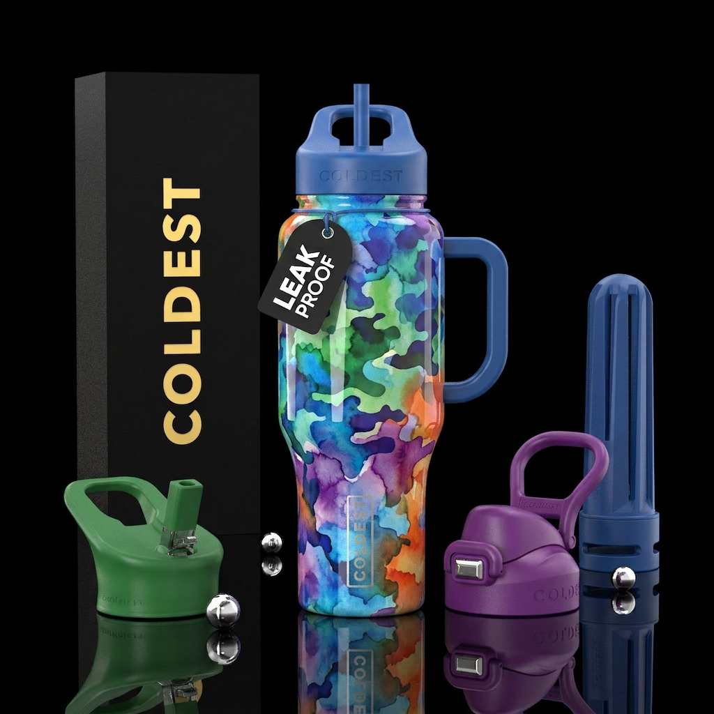 Water color stains, glossy,vivid,  camouflage water bottle design
