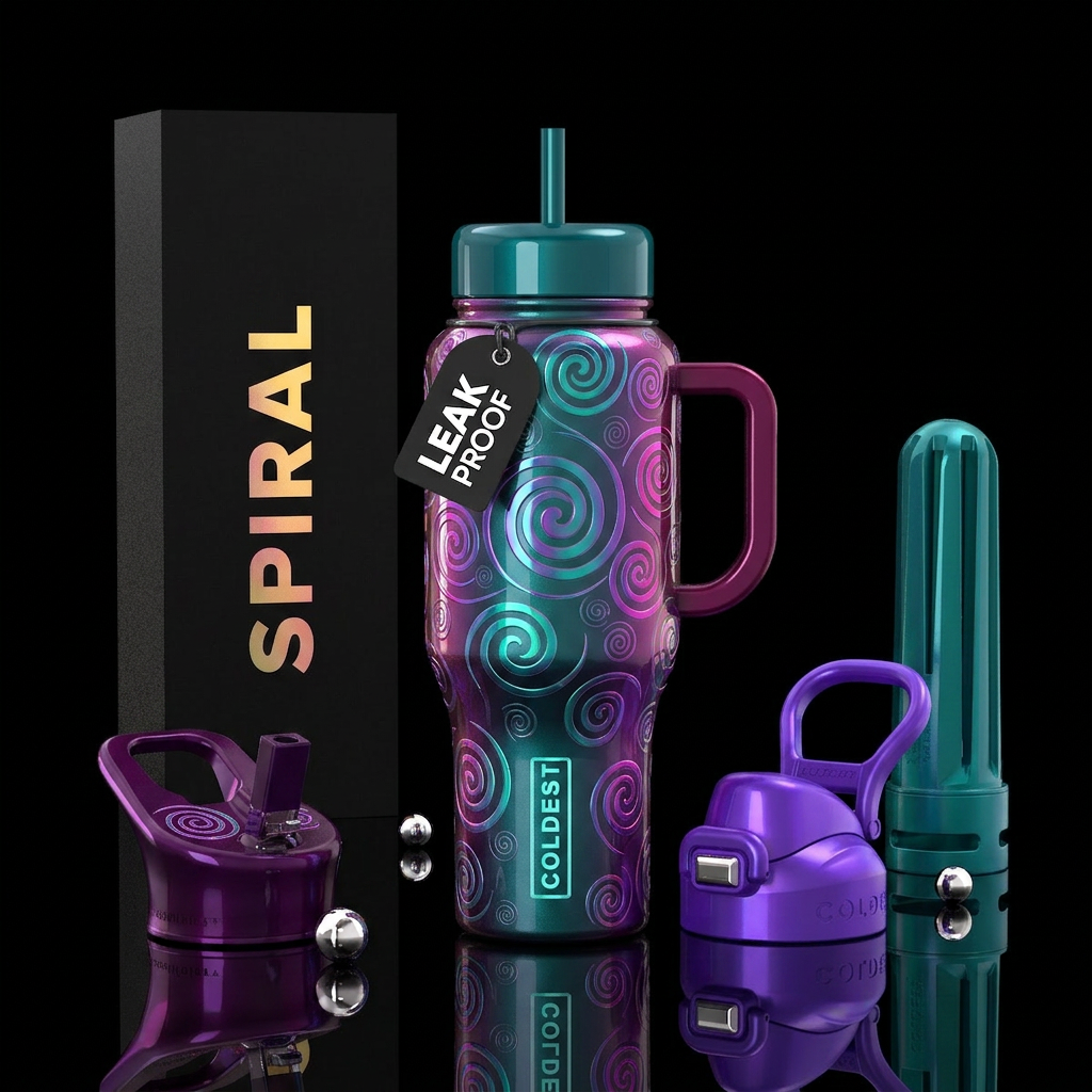 Decorative spirals, glossy water bottle design