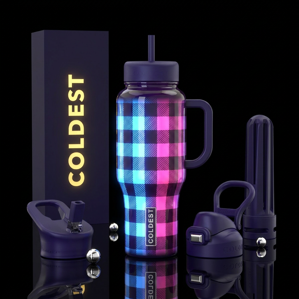 Decorative, glossy, glowie, buffalo check water bottle design