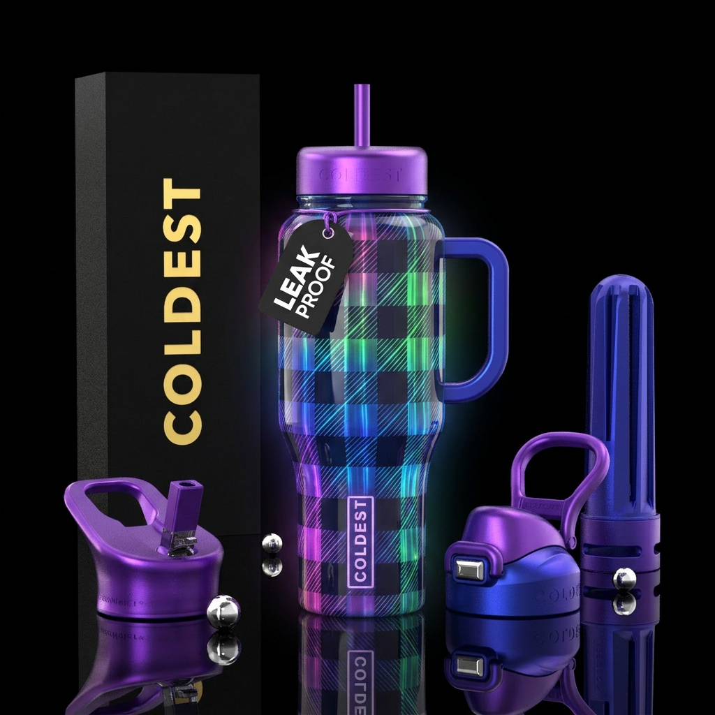 Decorative, glossy, glowie, buffalo check, techno water bottle design