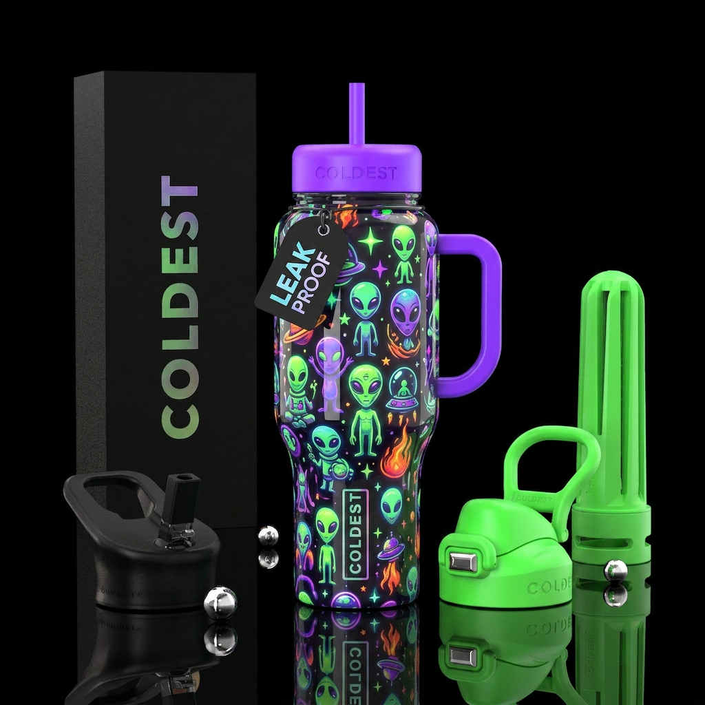 Decorative, glossy, glowie, lowbrow aliens water bottle design