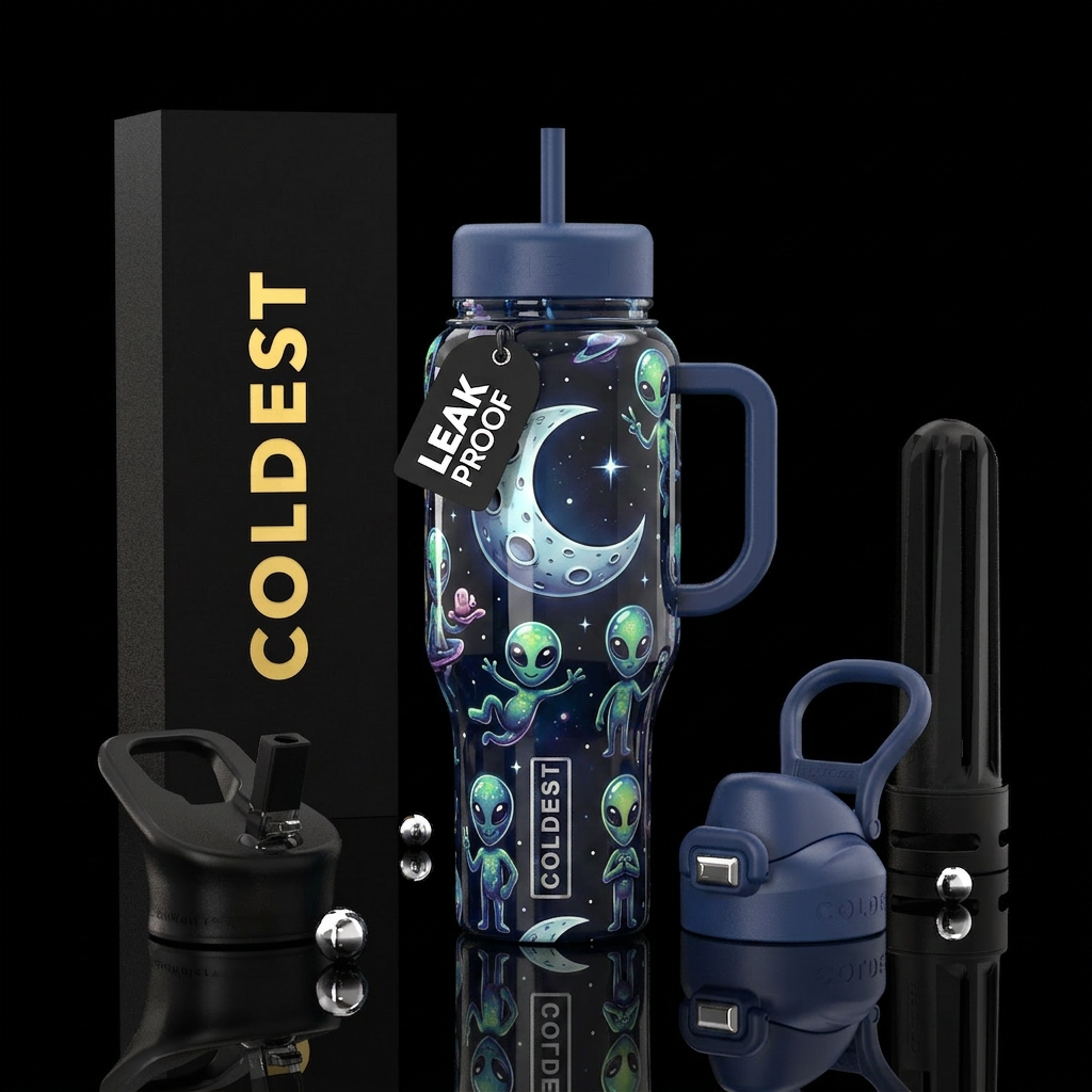 Decorative, glossy, glowie, lowbrow aliens,Crescen... water bottle design