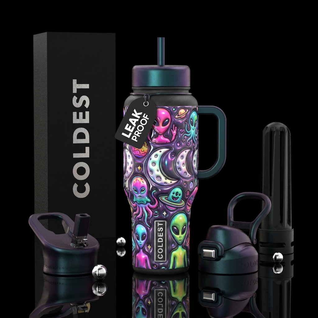 Decorative, glossy, glowie, lowbrow aliens,Crescen... water bottle design