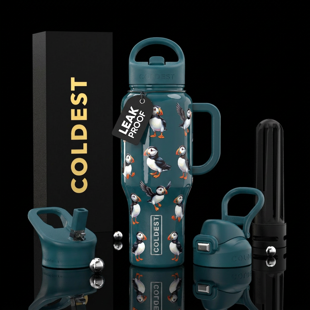 Cute puffins, glossy water bottle design