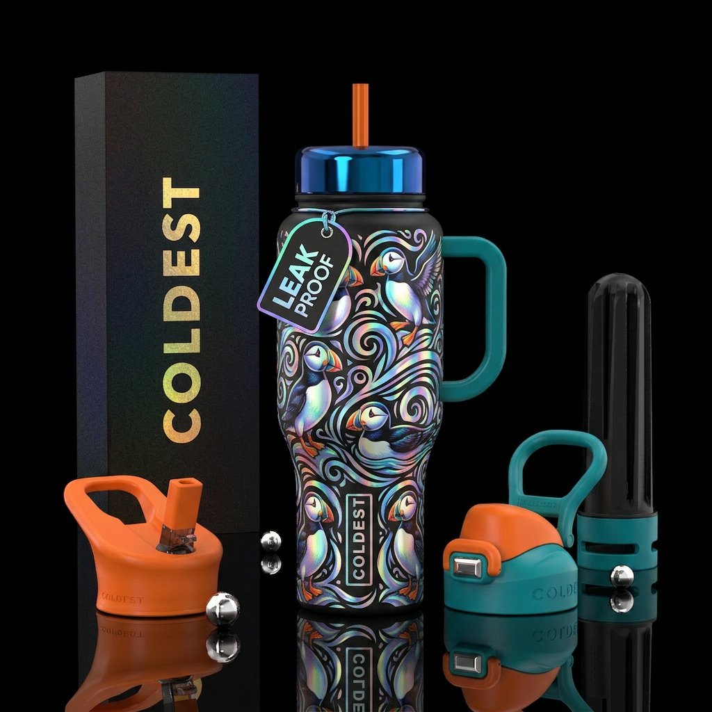 Cute puffins, glossy,holographic swirls water bottle design