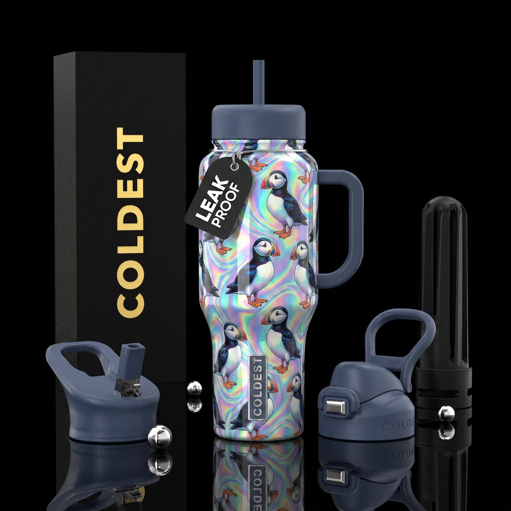 Cute puffins, glossy,holographic swirls water bottle design