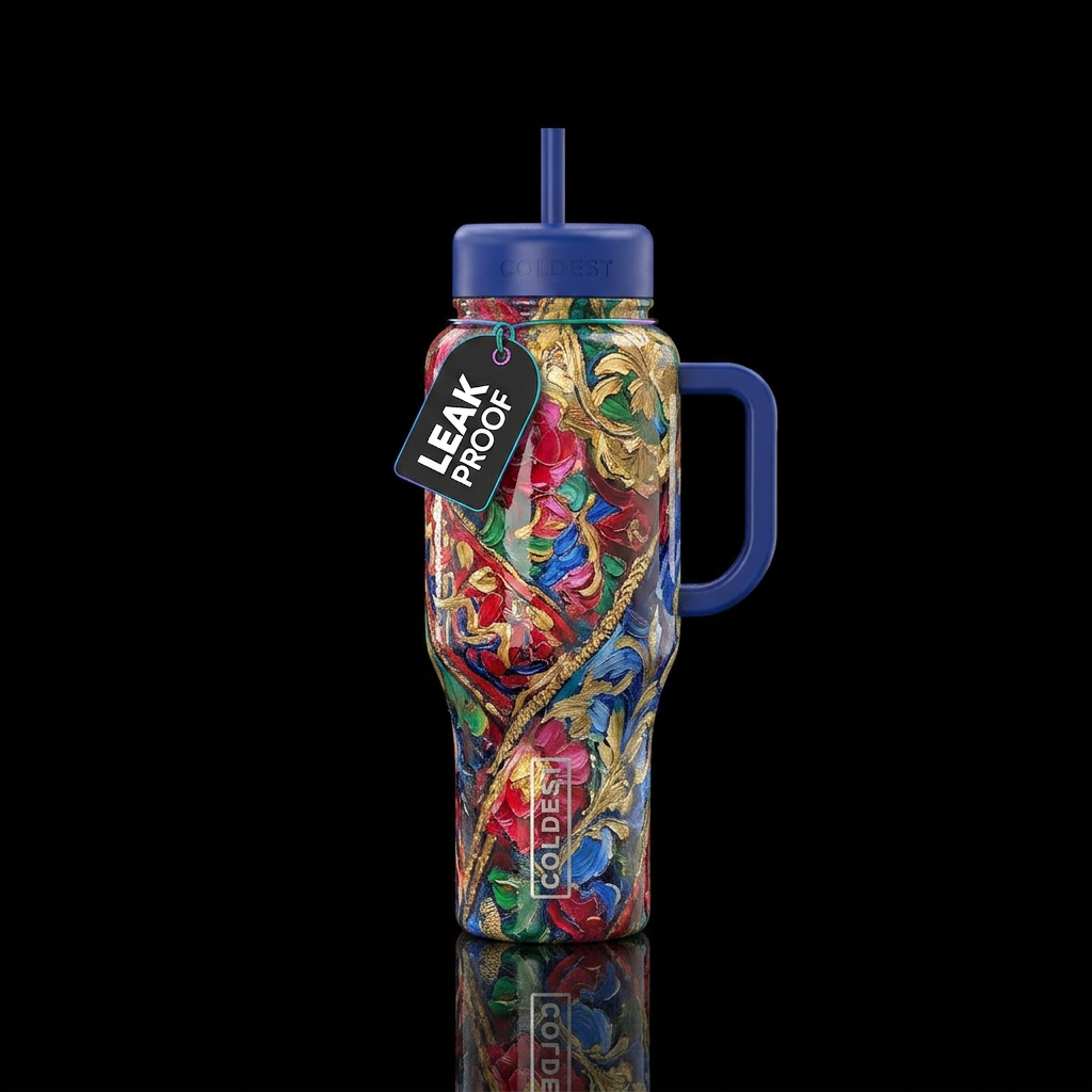 jacquard, oil painting, glossy, trompe-l'œil water bottle design