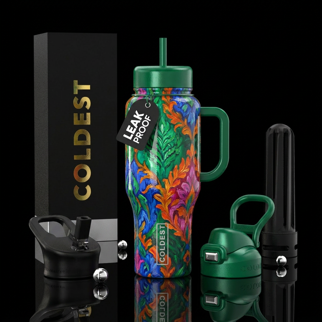 jacquard,vibrancy, oil painting, glossy, trompe-l'... water bottle design