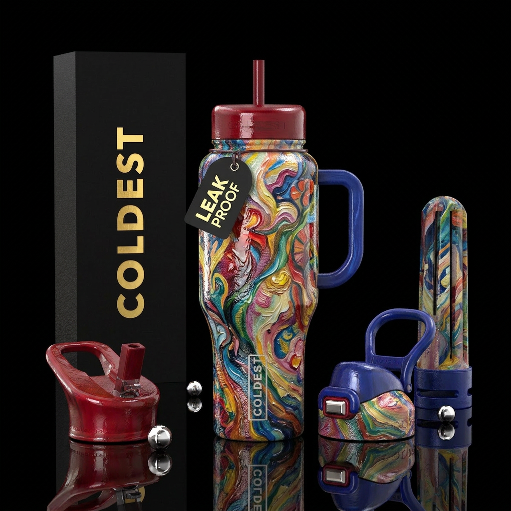 jacquard,vibrancy, oil painting, glossy, trompe-l'... water bottle design
