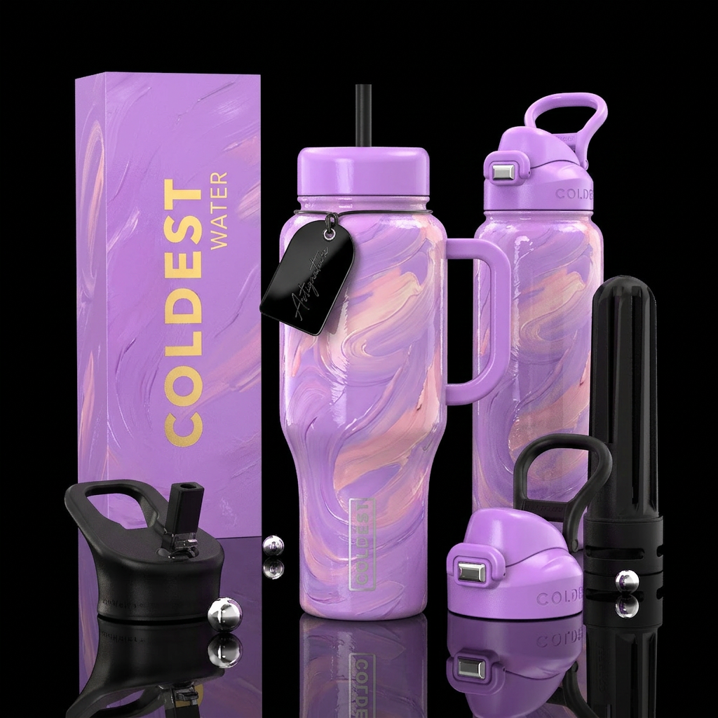 vibrancy, oil painting, glossy, trompe-l'œil, drea... water bottle design