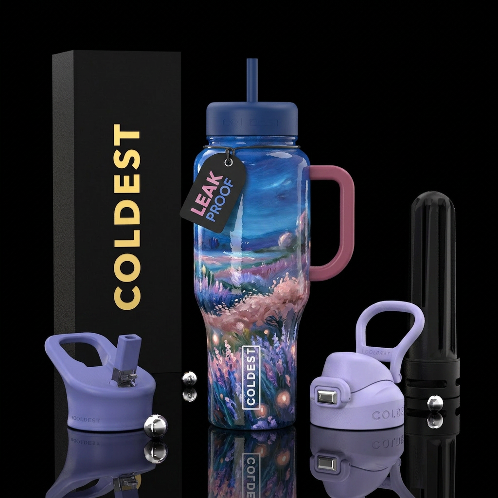 vibrancy, oil painting, glossy, trompe-l'œil, drea... water bottle design