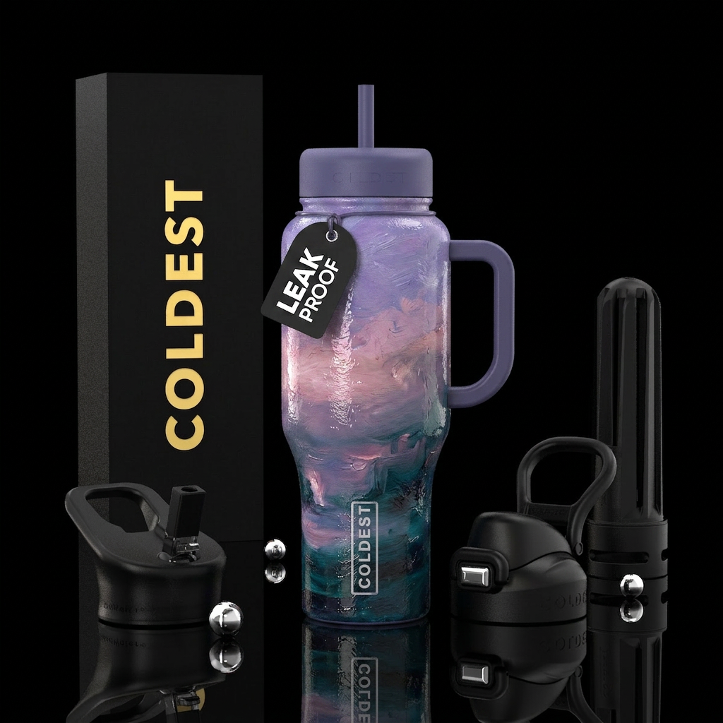 vibrancy, oil painting, glossy, trompe-l'œil, drea... water bottle design