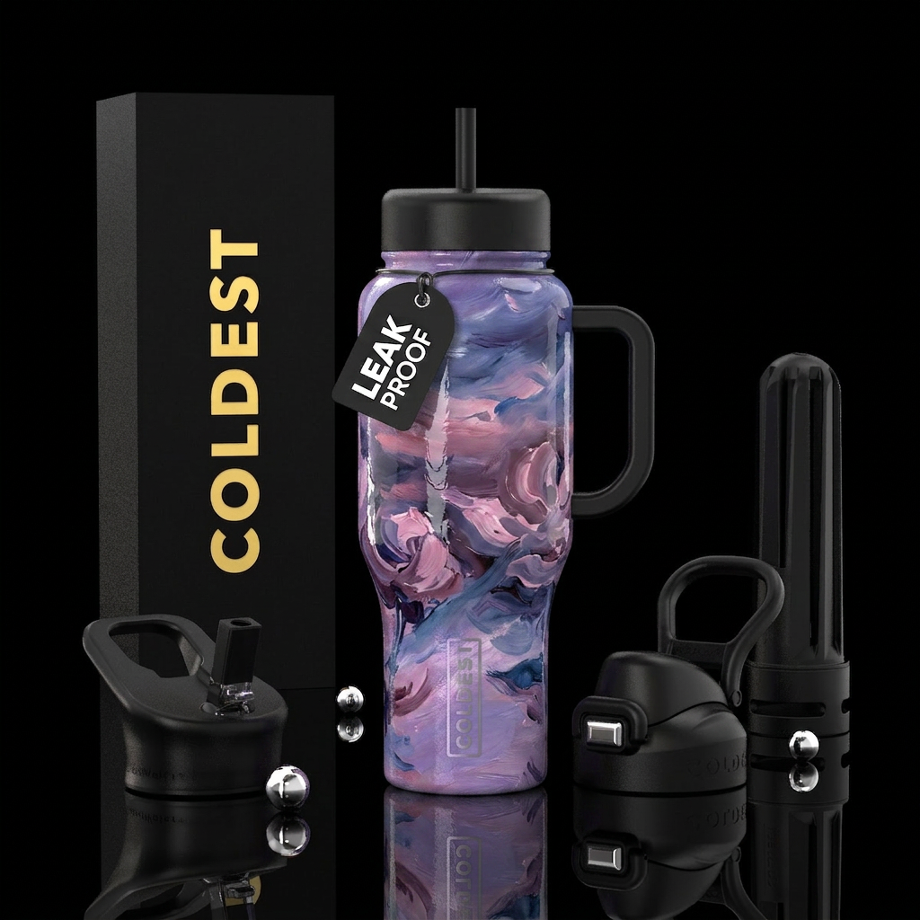 vibrancy, oil painting, glossy, trompe-l'œil, drea... water bottle design