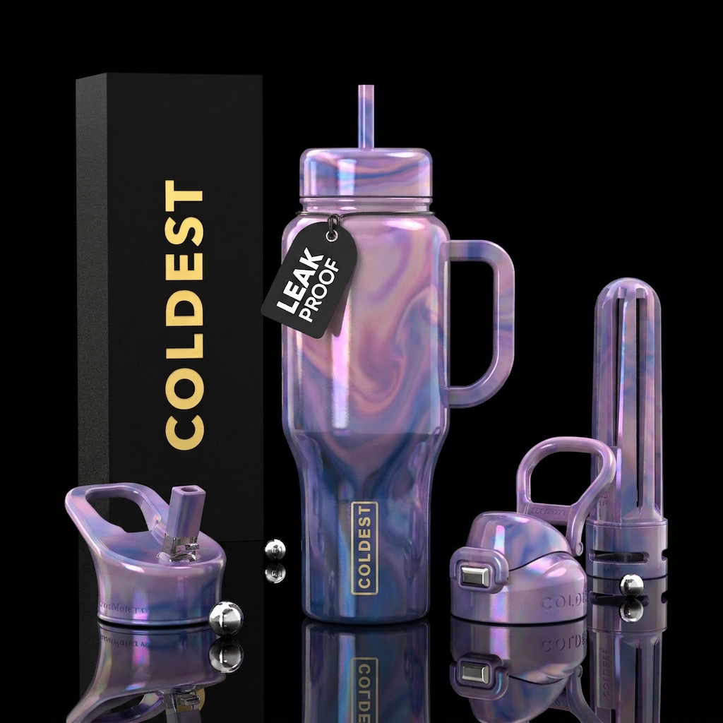 vibrancy, oil , glossy, trompe-l'œil, dreamy, lave... water bottle design