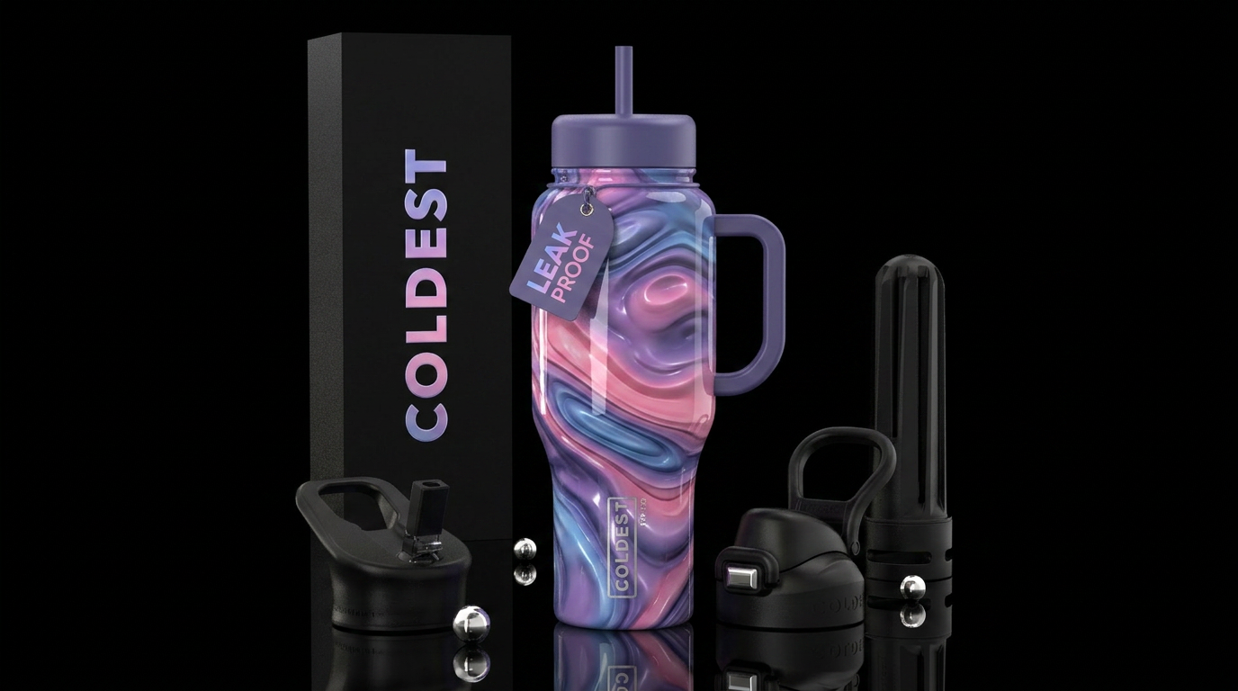 vibrancy,, glossy, trompe-l'œil, dreamy, lavender,... water bottle design