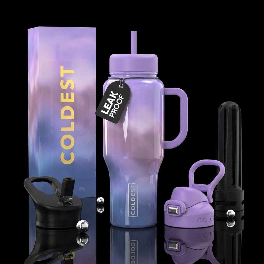 vibrancy,, glossy, trompe-l'œil, dreamy, lavender,... water bottle design