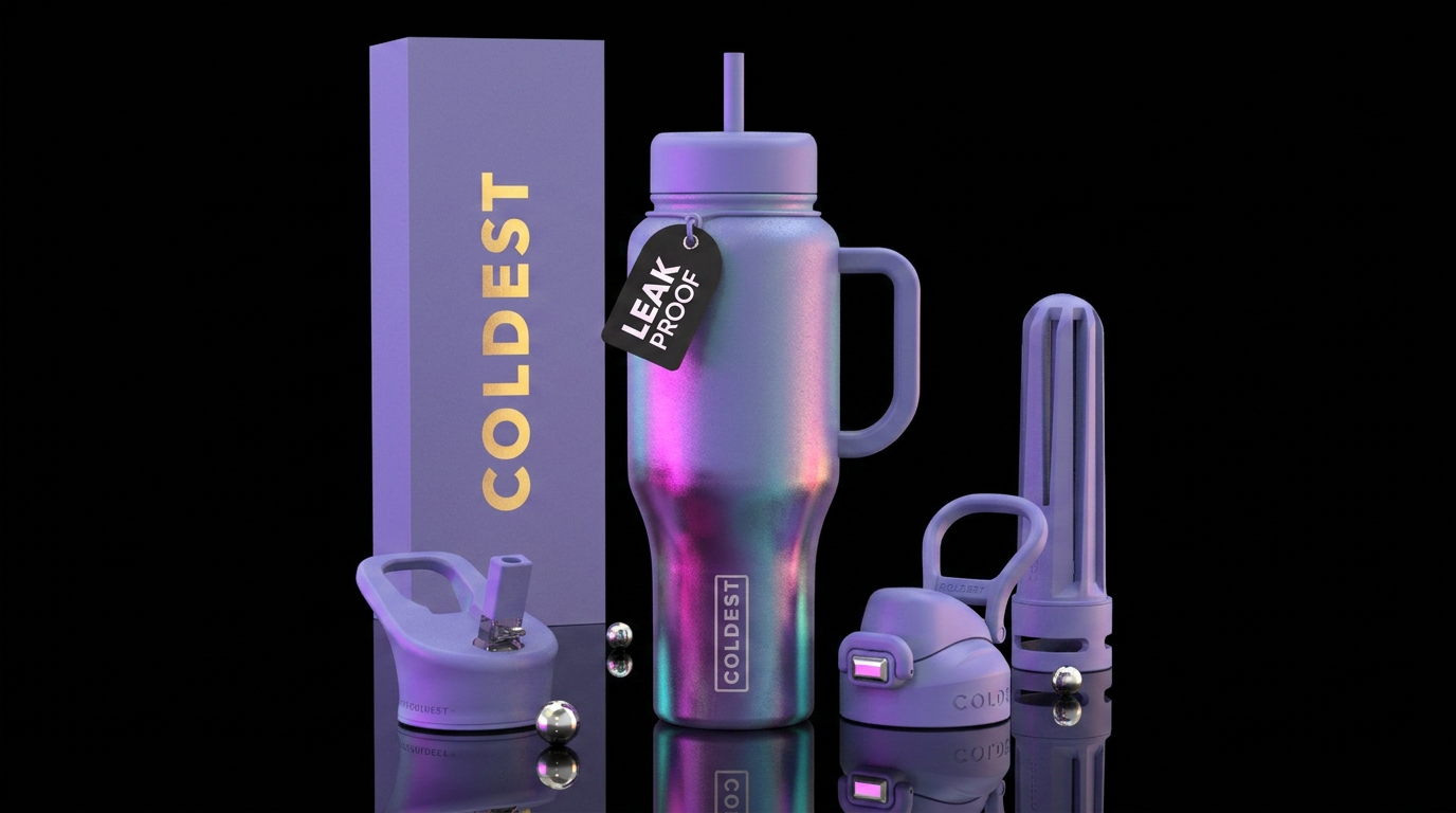 vibrancy,, glossy, trompe-l'œil, dreamy, lavender,... water bottle design