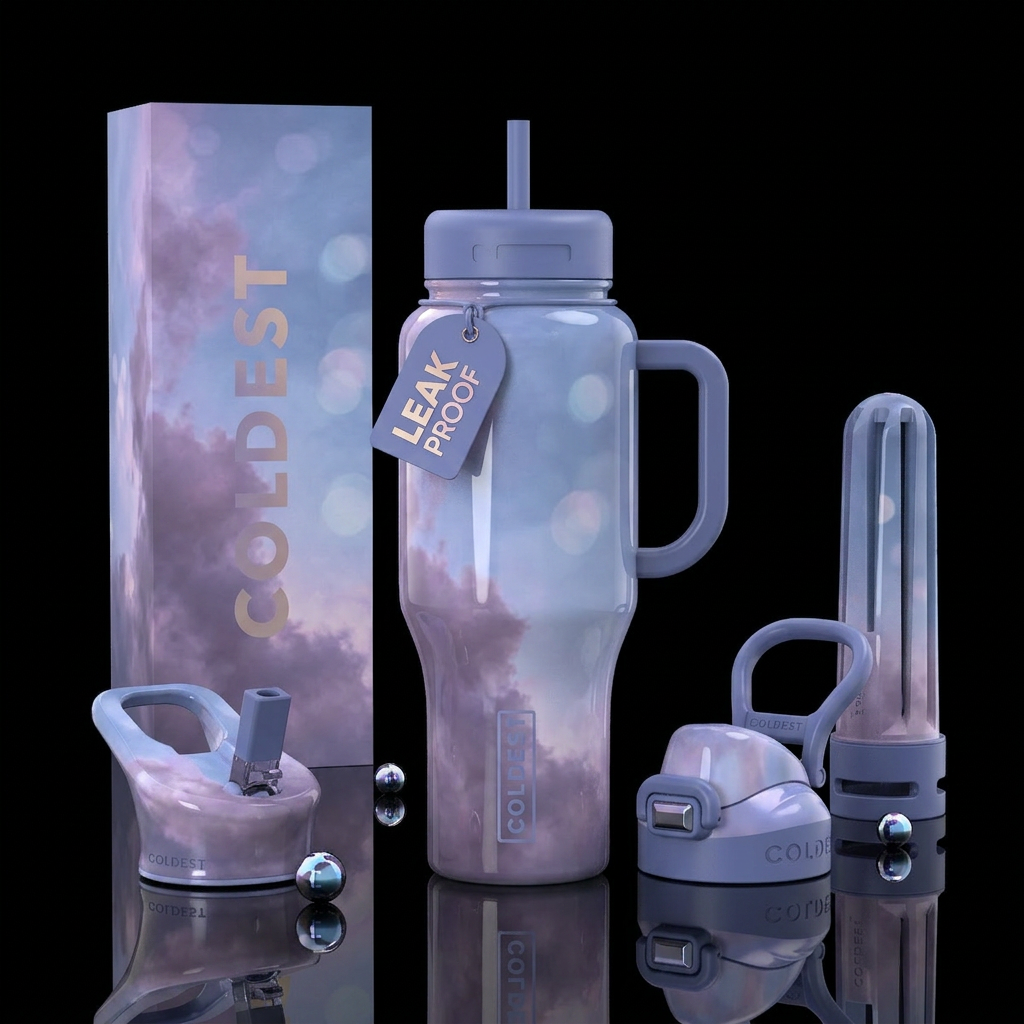 vibrancy,, glossy, trompe-l'œil, dreamy, lavender,... water bottle design