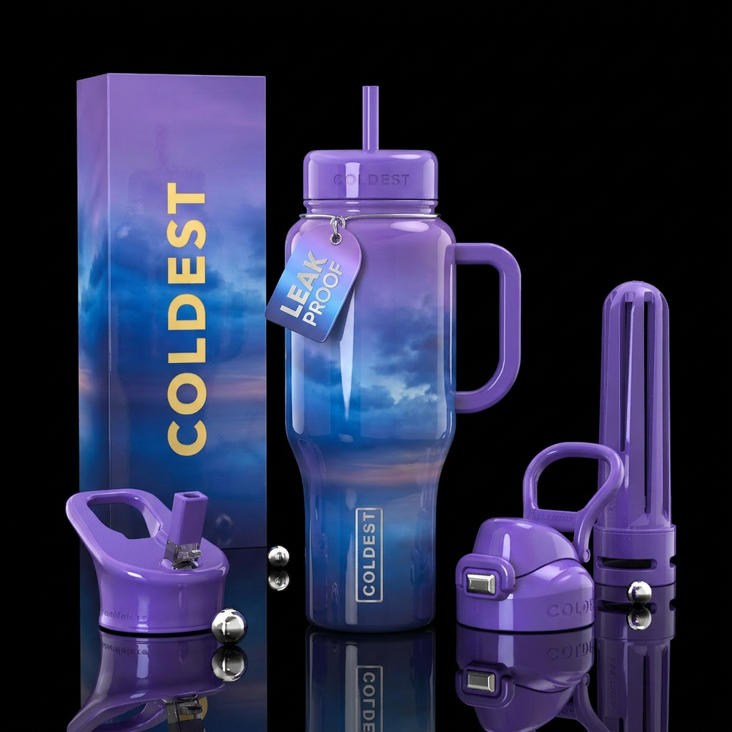 vibrancy,, glossy, trompe-l'œil, dreamy, lavender,... water bottle design