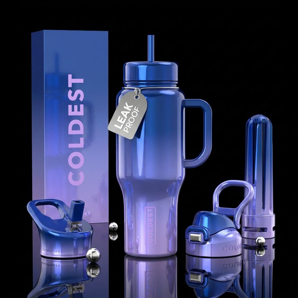 vibrancy,, glossy, trompe-l'œil, dreamy, lavender,... water bottle design
