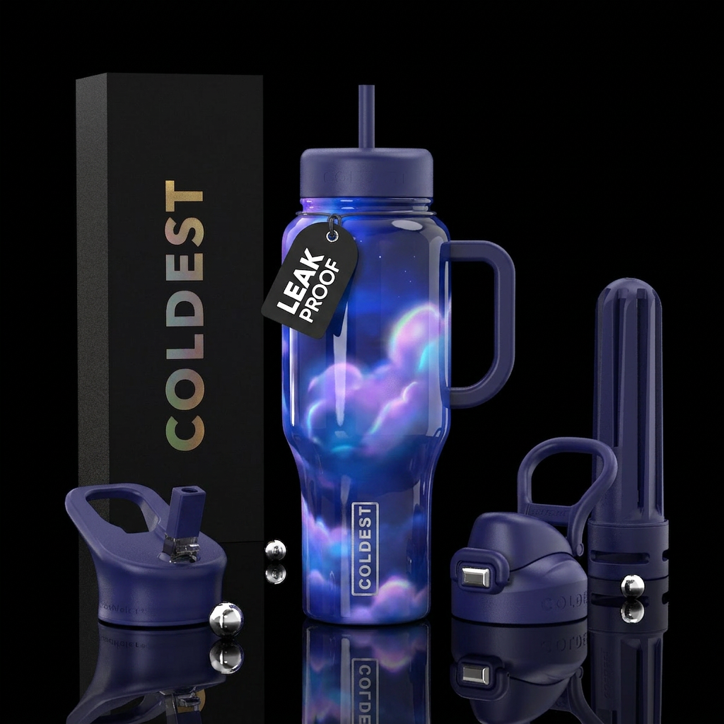 vibrancy,, glossy, trompe-l'œil, dreamy, lavender,... water bottle design