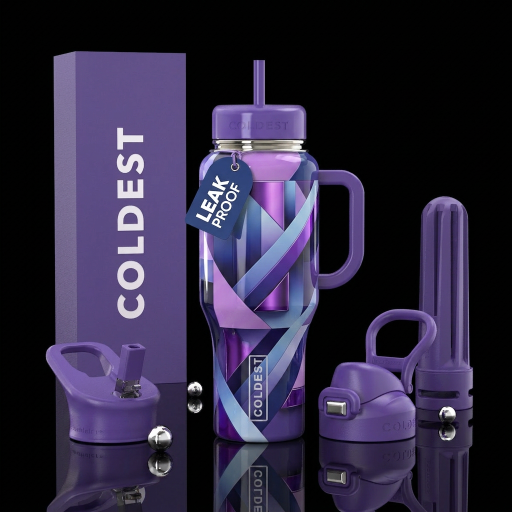vibrancy,, glossy, trompe-l'œil, dreamy, lavender,... water bottle design