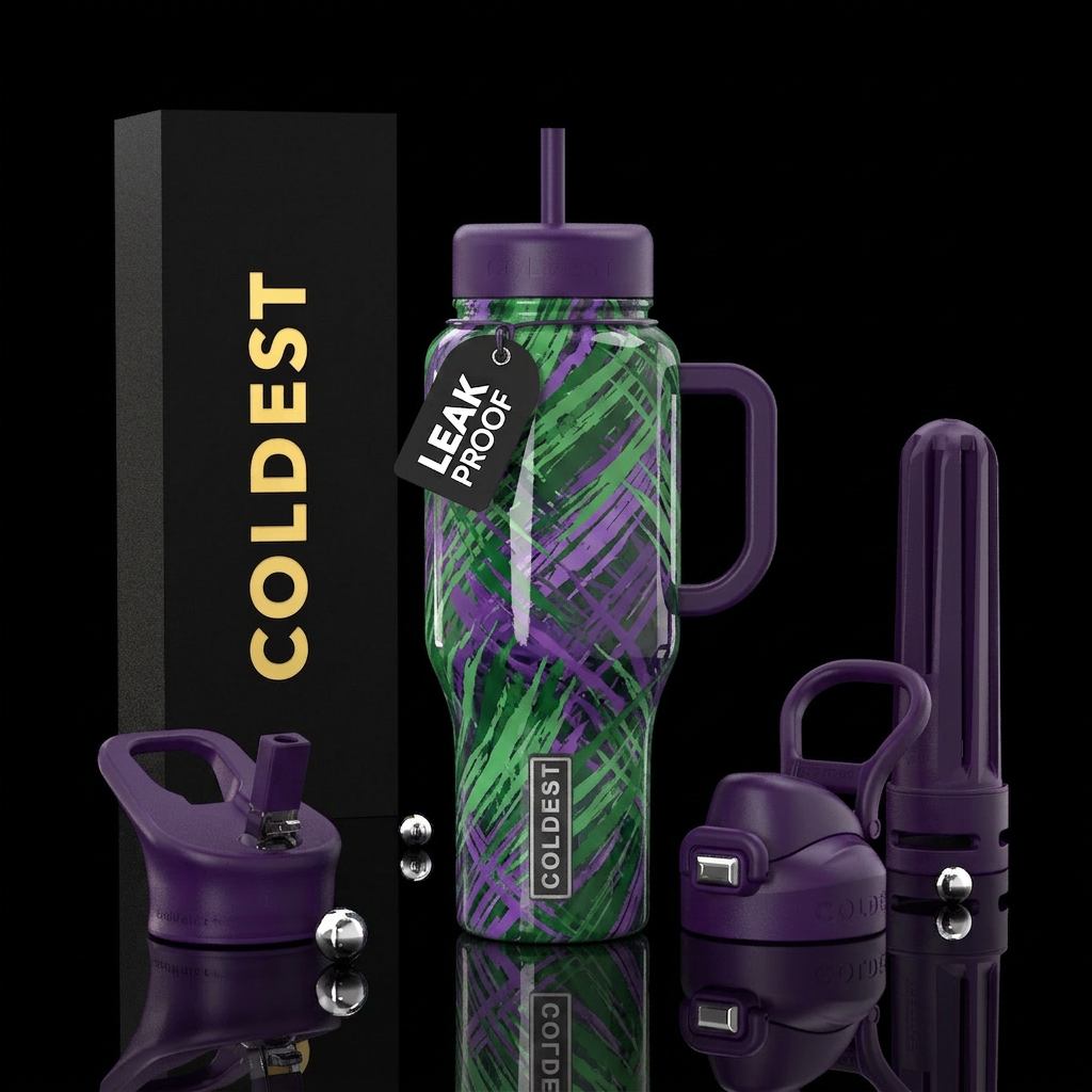 Purple and green scratches, glossy water bottle design