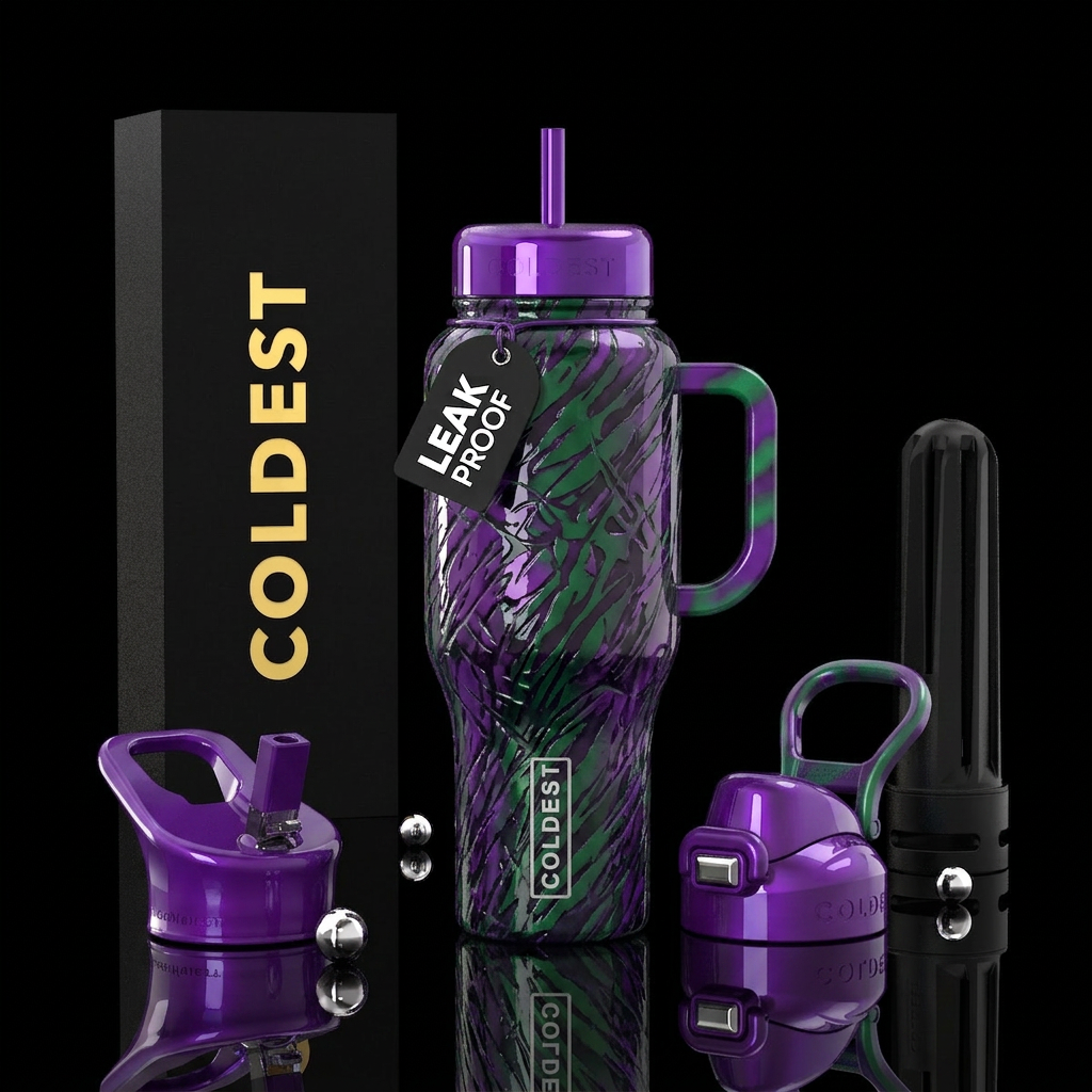 Purple and green scratches, glossy water bottle design