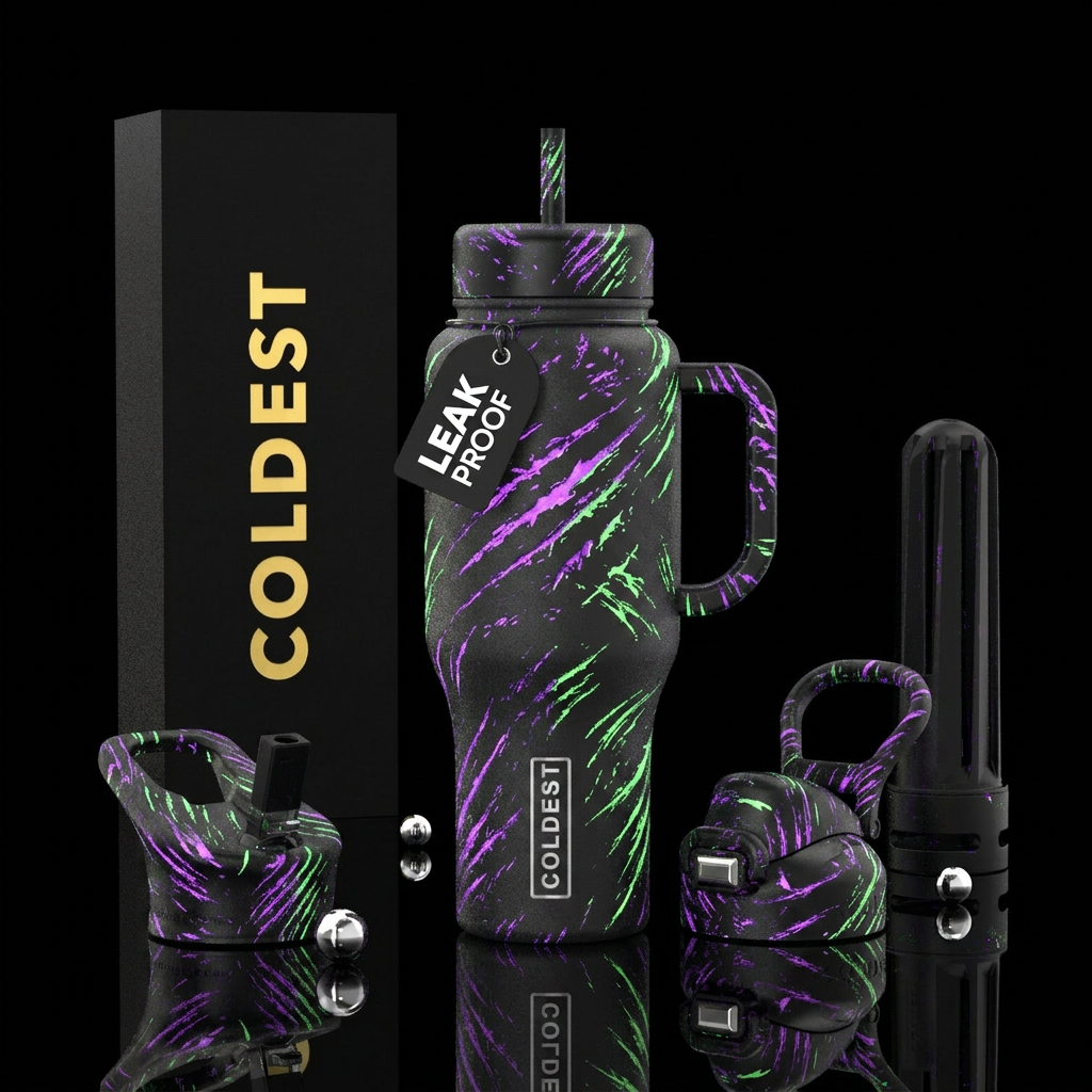 Purple and green scratches, glossy,glowie water bottle design