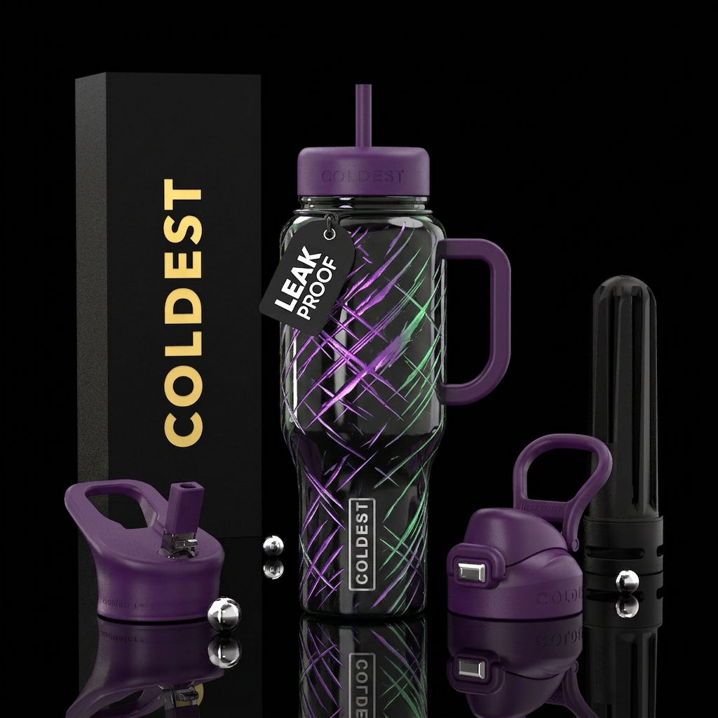 Purple and green scratches, glossy,glowie, water bottle design