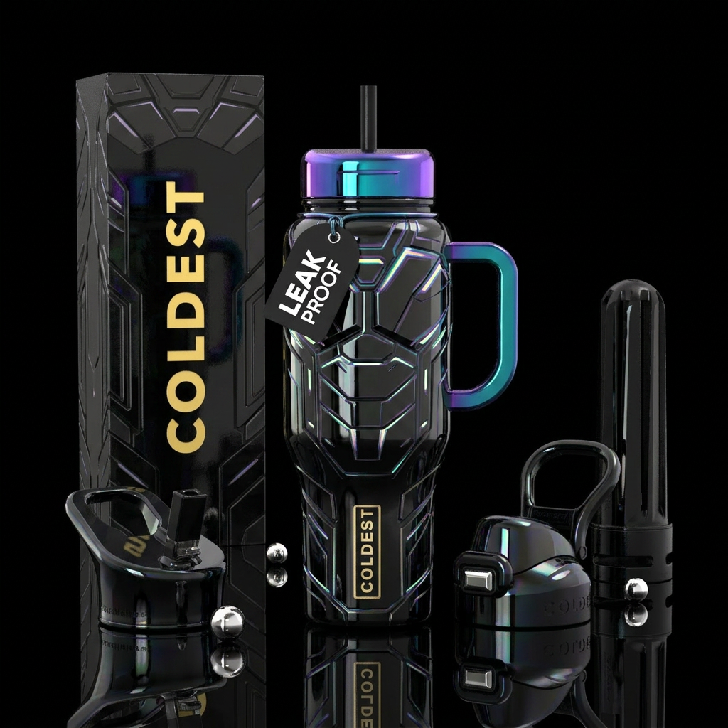 Futuristic suit, glowie, glossy water bottle design