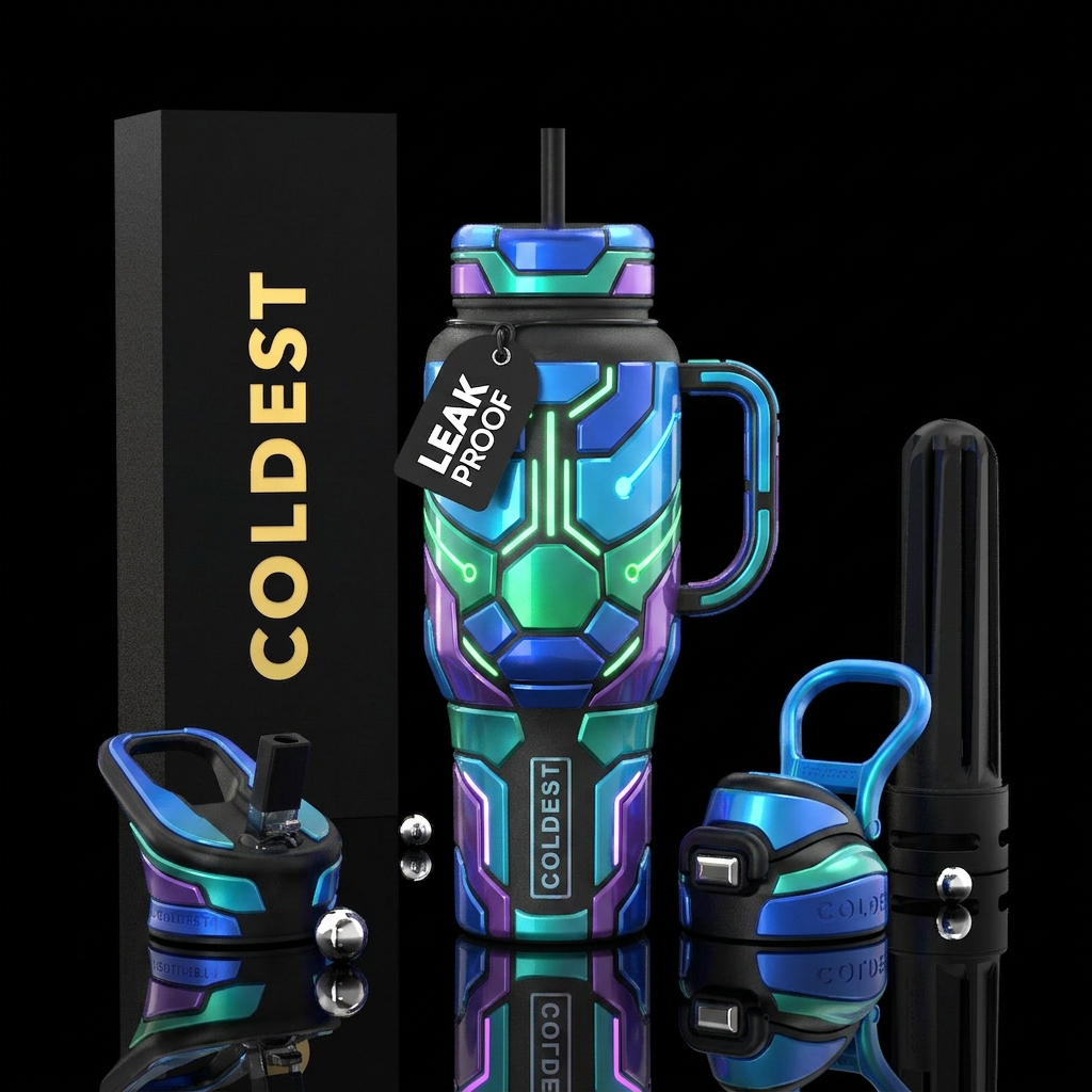 Futuristic suit, glowie, glossy water bottle design