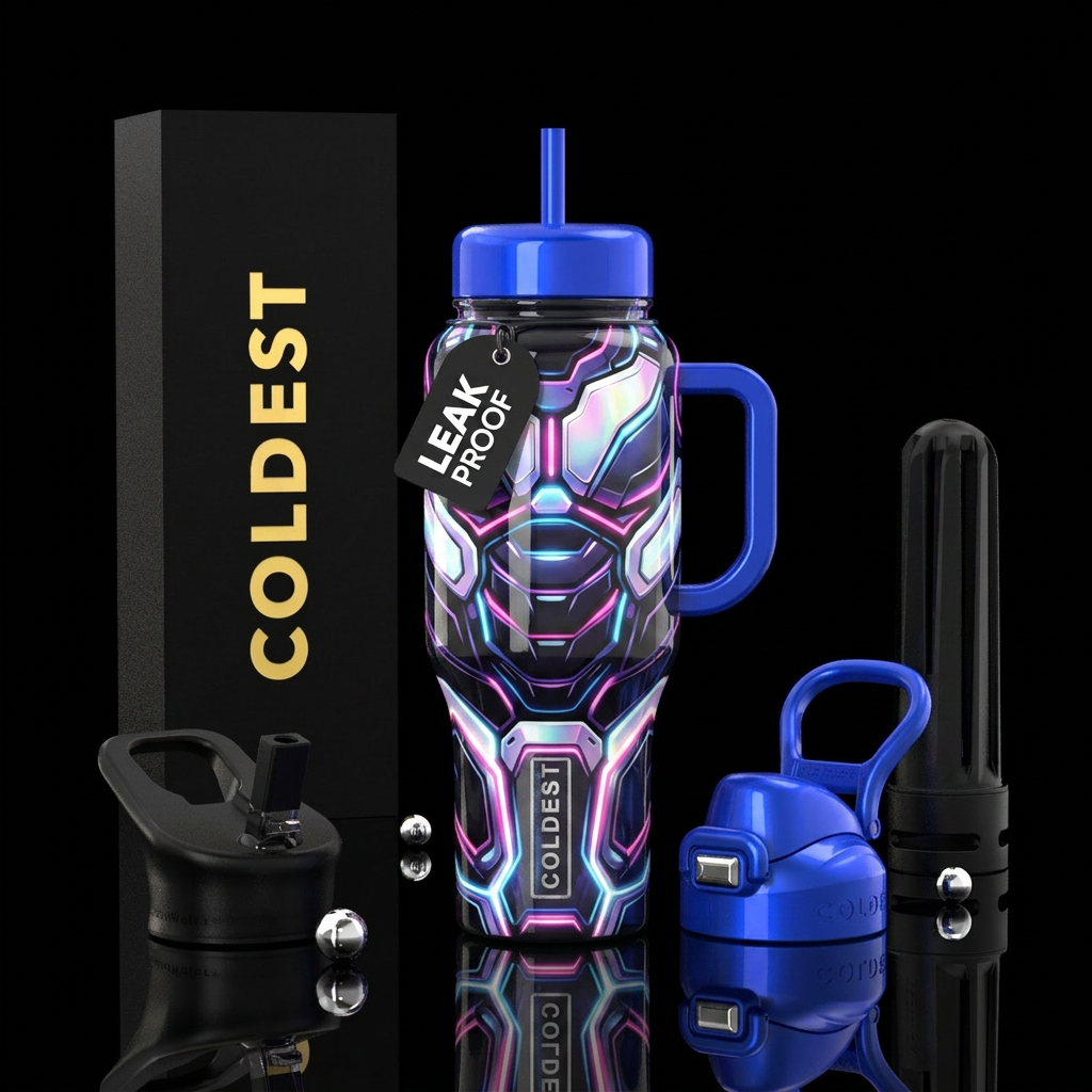 Futuristic suit, glowie, glossy water bottle design