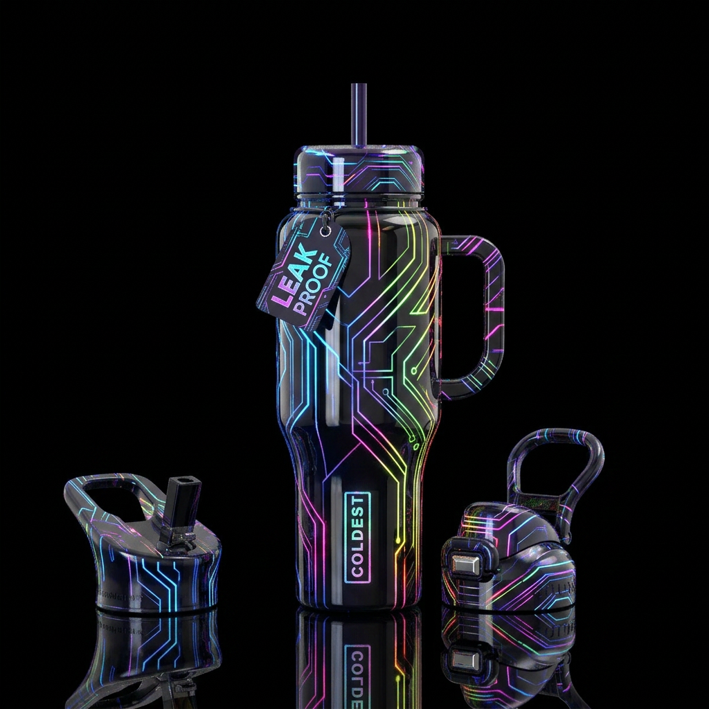 Futuristic lasers, glowie, glossy water bottle design