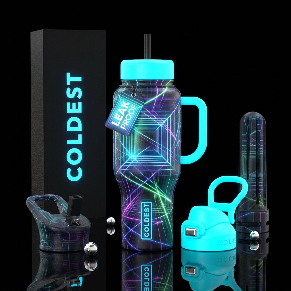 Futuristic lasers, glowie, glossy,trompe-l'œil water bottle design