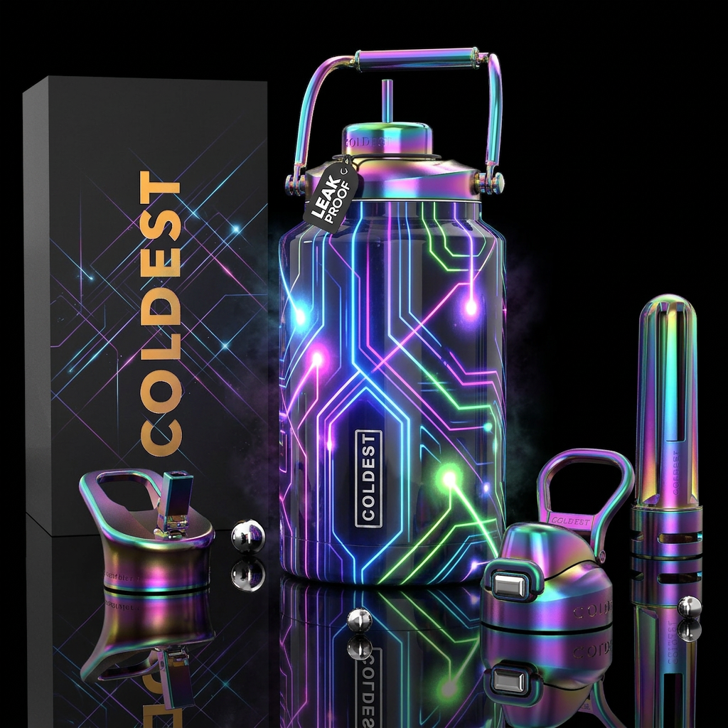 Futuristic lasers, glowie, glossy water bottle design