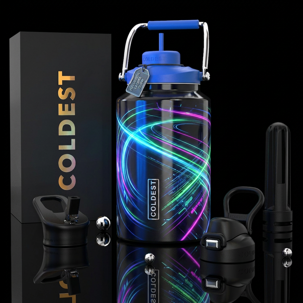 Futuristic lasers, glowie, glossy water bottle design