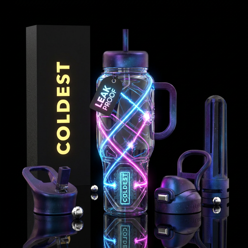 Futuristic lasers, glowie, glossy, otherworldly water bottle design