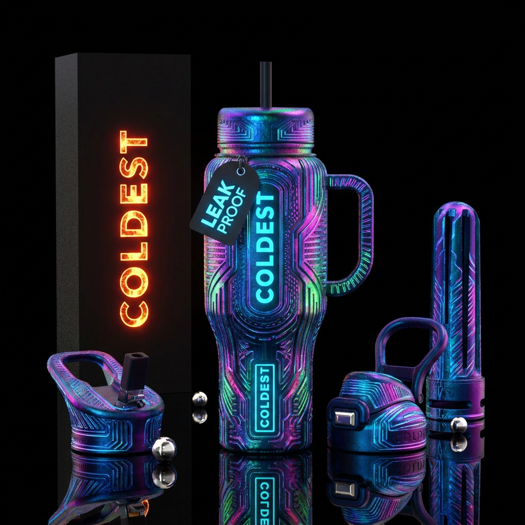 Futuristic lasers, glowie, glossy, otherworldly water bottle design